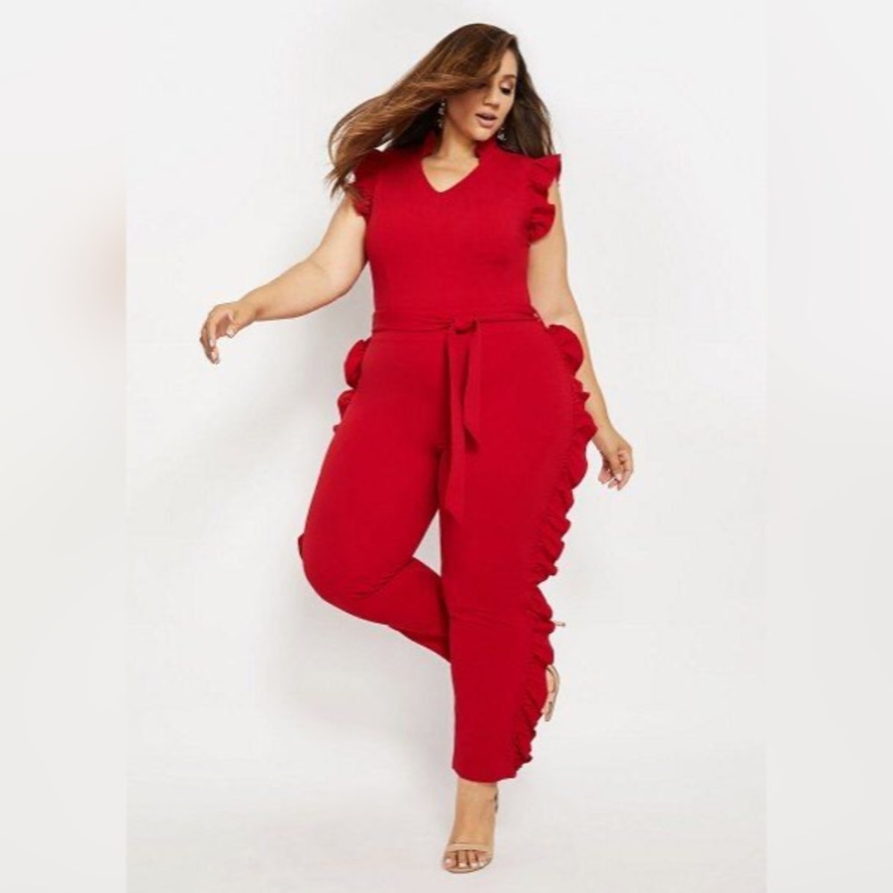 Ashley Stewart Red Ruffled Jumpsuit